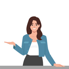 Confident Woman Presenting with a Smile. Flat Vector character illustration
