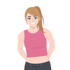 Young woman with a ponytail beams confidently while standing casually in a pink crop tank top. Flat Vector character illustration