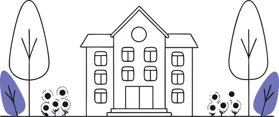 Fenced Warden House with Trees and Flowers Illustration