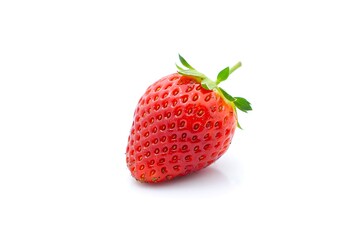 Single ripe strawberry with green stem on white background