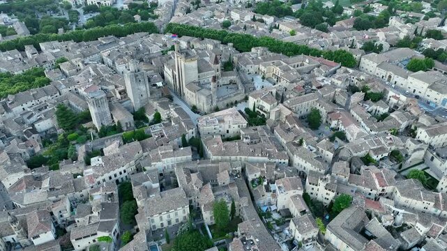High Angle Aerial Uz&egrave;s Duchy Castle - Medieval Old Town France Reveal