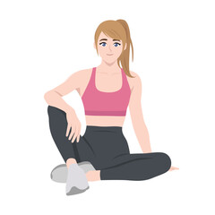 Relaxed Woman in Sportswear Sitting Cross Legged. Flat Vector character illustration