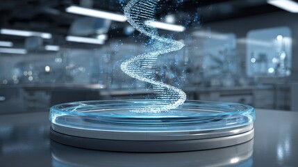 A modern laboratory scene features a digital DNA structure, highlighting scientific research and genomic exploration.