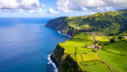 Coastal landscape with green fields and dramatic cliffs
