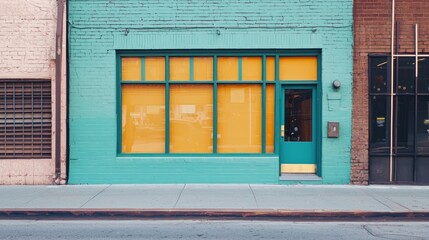A vibrant turquoise storefront with yellow windows and a green door, set against a brick wall with a window grate.