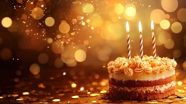 A birthday cake with lit candles on a golden background with bokeh effects. - Powered by Adobe