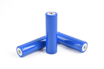 Blue metal AA-size batteries isolated on white background. Carbon zinc batteries, rechargeable batteries, mockup