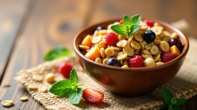 A delightful bowl of crunchy cereal complemented by assorted berries and sliced fruit, garnished with fresh mint, presented on a rustic surface.