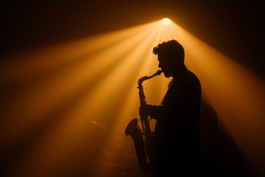 cinematic scene of a live jazz performance in a vintage 1950s club, silhouette saxophonist
