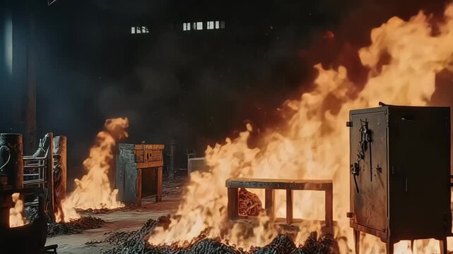A harrowing scene unfolds as fire engulfs industrial equipment and furniture