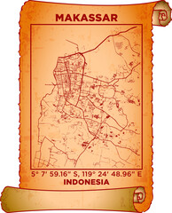 map art Makassar, Indonesia with coordinates. map poster old parchment paper scroll sheet vintage aged and texture, Historical vintage scrolls treasure map concept. poster design map ancient