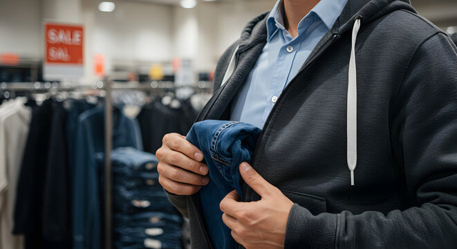 Person Concaling Blue Denim Jeans Inside Gray Hoodie Sweatshirt in Clothing Store with Blurred Clothing Racks