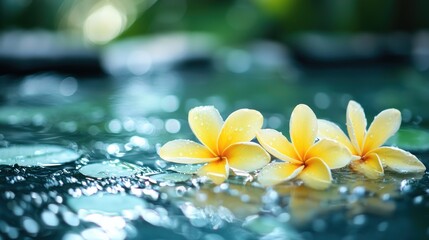 Three yellow flowers with water droplets on them floating on a calm water surface.
