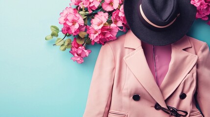A pink coat and hat against a blue background with pink flowers.