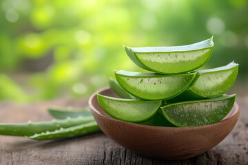 Freshly Cut Aloe Vera in Wooden Bowl on Nature Background