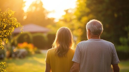 An elderly couple walking in a park at sunset, with the sun casting a warm glow on the trees and grass.