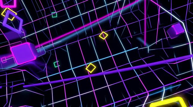 鮮やかで構造的なレトロ90年代抽象背景：光るグリッドとネオン幾何学形状が織りなすダイナミックなポップアート｜レトロ,90年代,抽象,ネオン,グリッド

