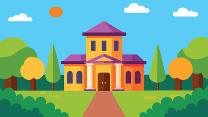Fototapeta premium Colorful Cartoon Warden House with Cat Illustration in Unique Style