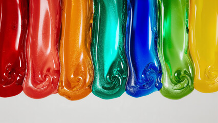 Rainbow Array of Gelatinous Liquid Artistry Displaying Vivid Color Spectrum and Swirling Textures on Clean Background