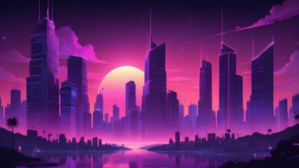 A stylized retro-futuristic city at night, glowing with neon lights and grid-pattern roads, with a sun setting behind high-rise silhouettes. The scene blends 1980s synthwave aesthetics.