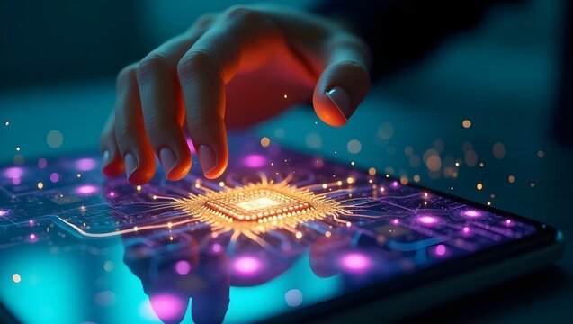 A futuristic close-up of a glowing AI microchip with intricate golden pathways surrounded by delicate neural circuits, with a human hand's fingers interacting through a holographic touchscreen.