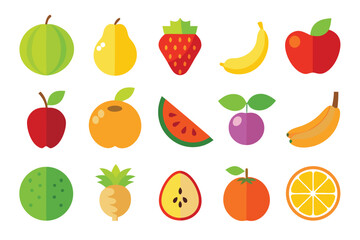 Vector art of a charming collection of cartoon fruit icons isolated on white background provides a cheerful design