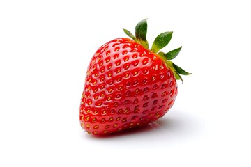 Single ripe strawberry with green leaves on a white background