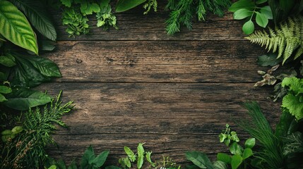 A wooden table with a green leafy border.
