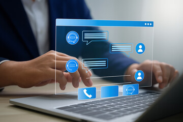 Businessman Typing on Laptop with Virtual Chat Interface Representing Online Customer Service and...