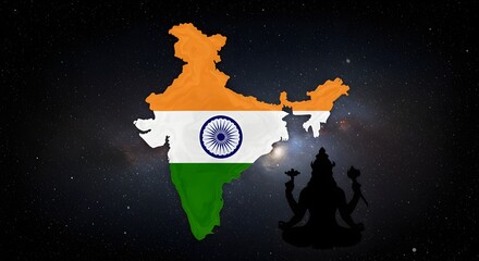 Map of India with flag colour andsilhouette of Hindu god