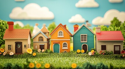 A row of colorful toy houses on a grassy lawn with flowers and clouds in the background.
