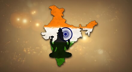 Map of India with flag colour andsilhouette of Hindu god