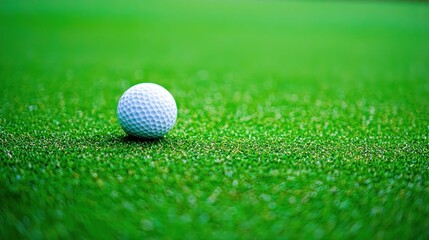 Obraz premium A golf ball on a green grassy field. The sport concept of golf is being played. The image emphasizes the green color and the grassy texture of the field.