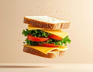 Delicious Floating Sandwich with Cheese, Tomato, and Lettuce on a Beige Background