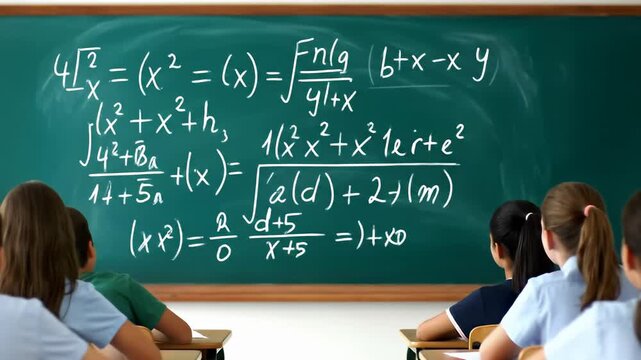 Children learn math problems at the blackboard in school classroom