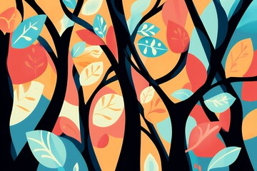 Abstract Tree Branches With Colorful Leaves Design