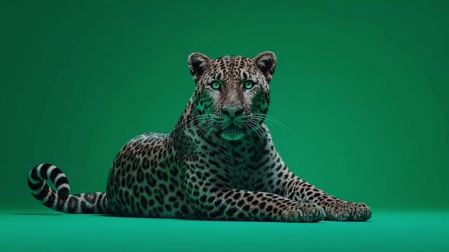 A leopard with closed eyes is lying down on a green surface in a studio setting looking relaxed green screen animal video