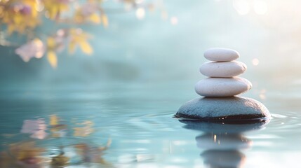 A stack of white stones balanced on a rock in a serene, misty lake setting.