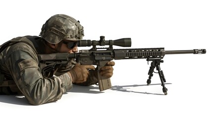 Fototapeta premium Elite Sniper Lying Prone with Barrett M82 – White Background Side View