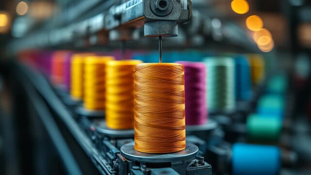 Macro shot of vibrant multicolored sewing threads on an industrial spinning machine in a textile factory, representing colorful fabric production, clothing industry, and modern manufacturing processes