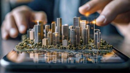 A miniature model of a city with illuminated buildings and trees on a digital tablet screen.