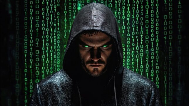 A hooded figure with green glowing eyes against a dark, binary code background.