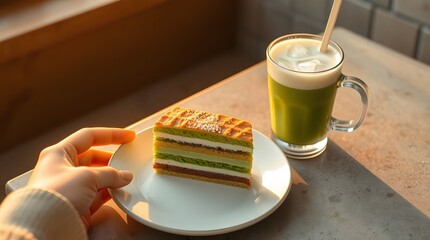 Delicious matcha cake and latte photography for dessert lovers and cafe enthusiasts