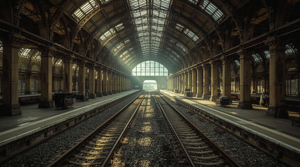 Grand victorian train station with arched ceiling and sunlight streaming through tracks and platforms © DNA STUDIO