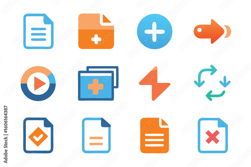 Poster vector art of a collection of colorful vector icons representing file management, refresh, and add a