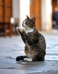 A tabby cat sits in prayerful pose on a stone courtyard