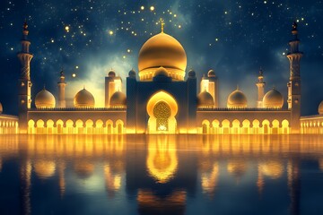 Illuminated Mosque Reflecting In Tranquil Water Under Night Sky