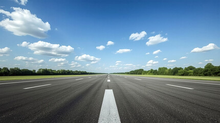 Expansive airport runway under a vast blue sky with scattered white clouds and green trees lining the horizon