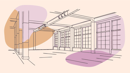 Industrial loft space interior design illustration with large windows and exposed beams for real estate © zubair