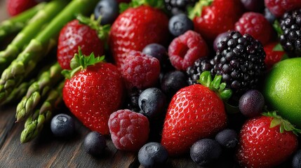 Obraz premium Fresh fruits and vegetables arranged beautifully on a wooden surface, captured from an overhead angle with soft lighting.
